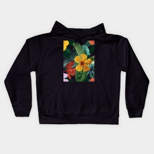 Colorful tropical flowers and leaves. Hibiscus flower, Palm leaves vibrant summer exotic print. Kids Hoodie